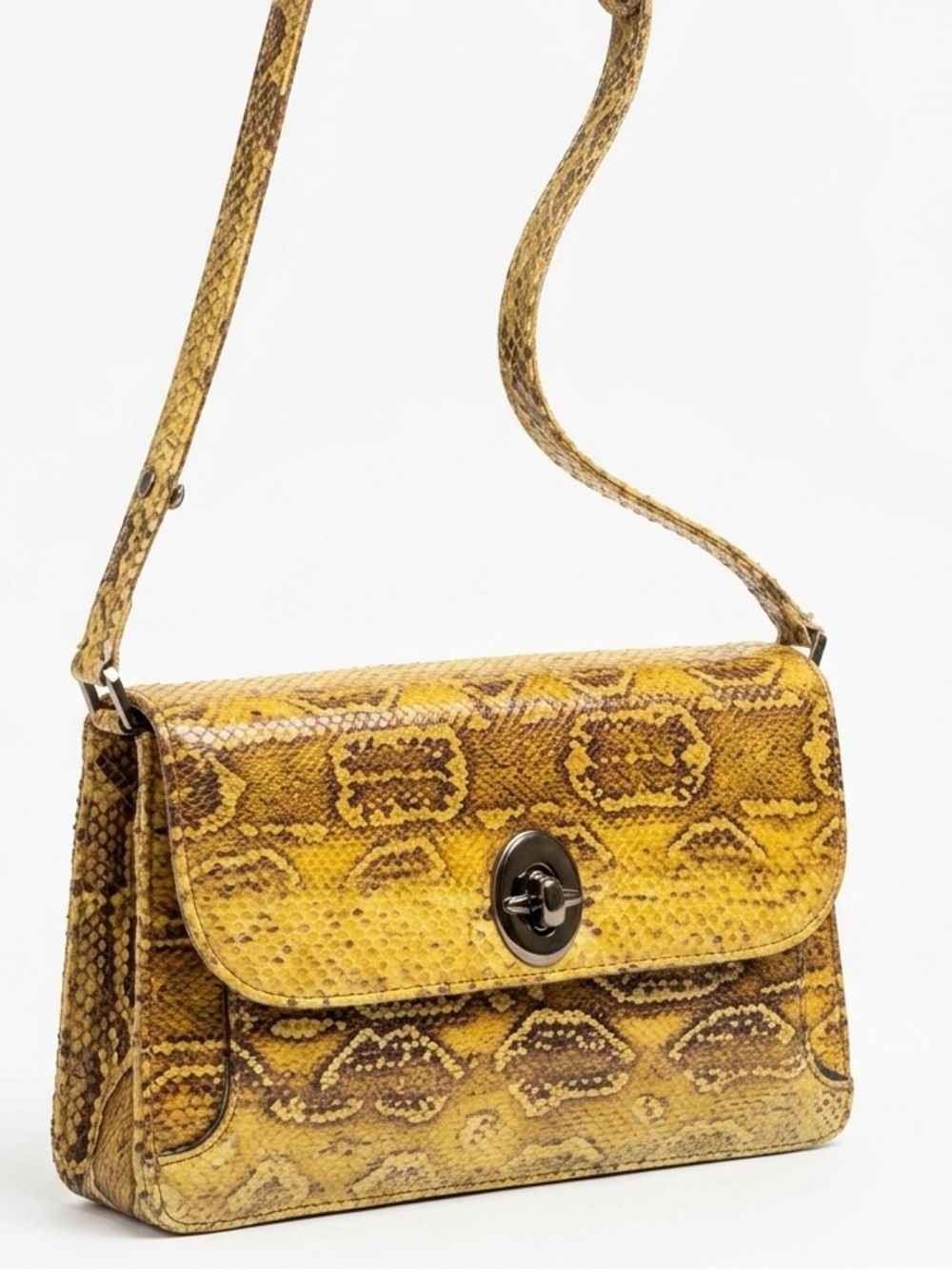 Cuero Vaca Shoulder Bag Turn Lock Snakeskin Yellow Brown 10x6.5